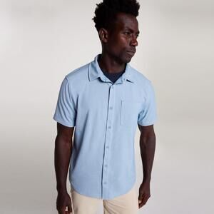 VRST Men's Refined Knit Short Sleeve Button up, Medium, Muted Denim Blue